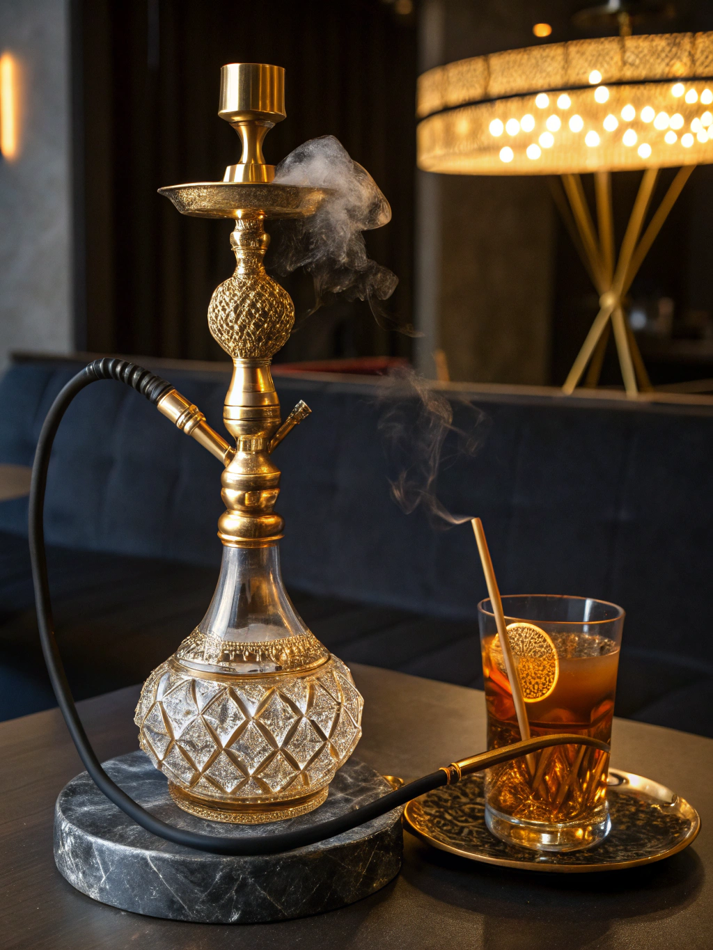 قلیان عربی لوکس با نورپردازی ملایم در محیطی رؤیایی
